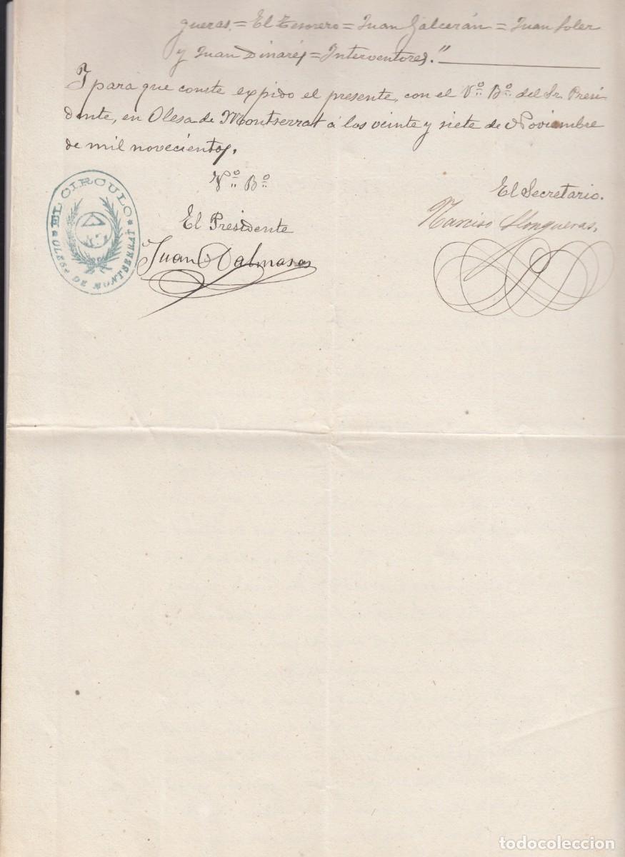 Manuscritos antiguos: 1900 CERTIFICADO DEL LIBRO DE ACTAS LA SOCIEDAD EL C&Iacute;RCULO DE OLESA DE MONTSERRAT - Foto 3