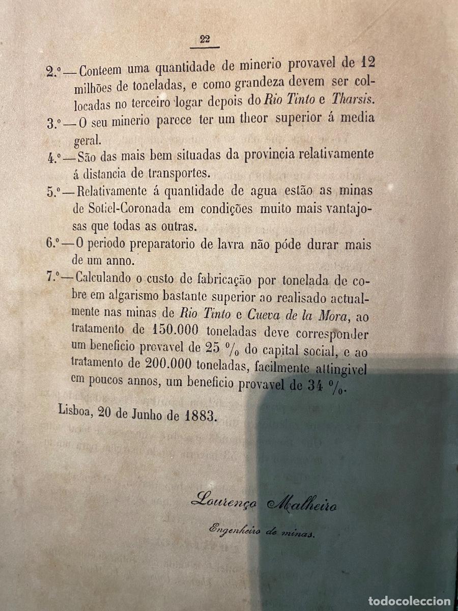 Manuscritos antiguos: Sotiel Coronada, Informe de 20 de Junio de 1883, con Mapa ( en Portugues) - Foto 4