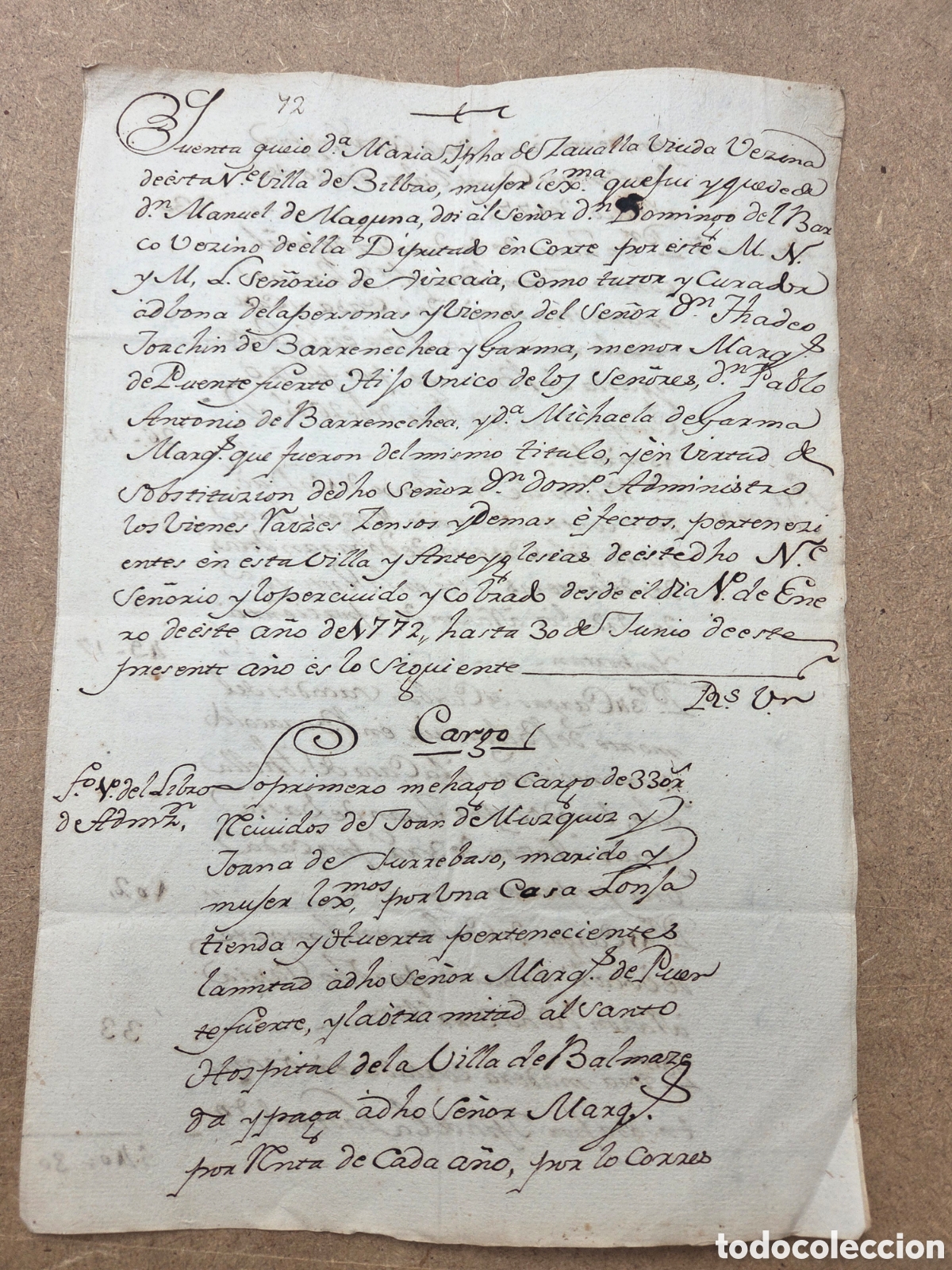 Manuscrits anciens: BILBAO 1772 MANUSCRITO Cuentas al MARQU&Eacute;S DE PUENTE FUERTE