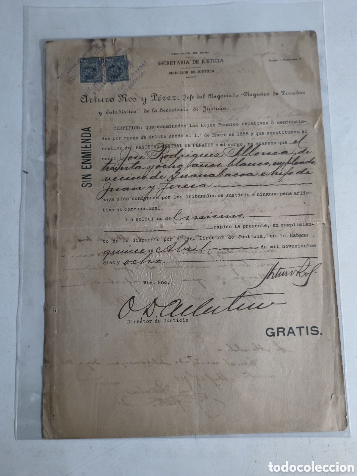 Manuscritos antiguos: Cuba, certificado de antecedentes penales ,a&ntilde;o 1918.