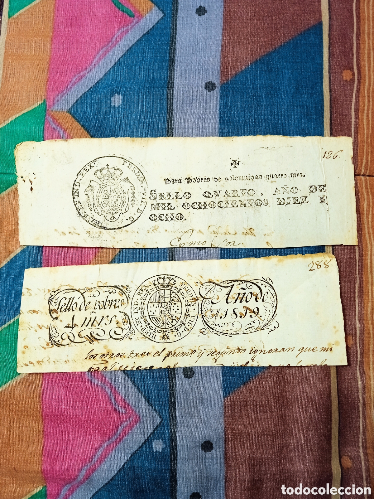 Manuscritos antiguos: DOS SELLOS DE POBRES 4 MARAVED&Iacute;S 1818 Y 1819 - Foto 1