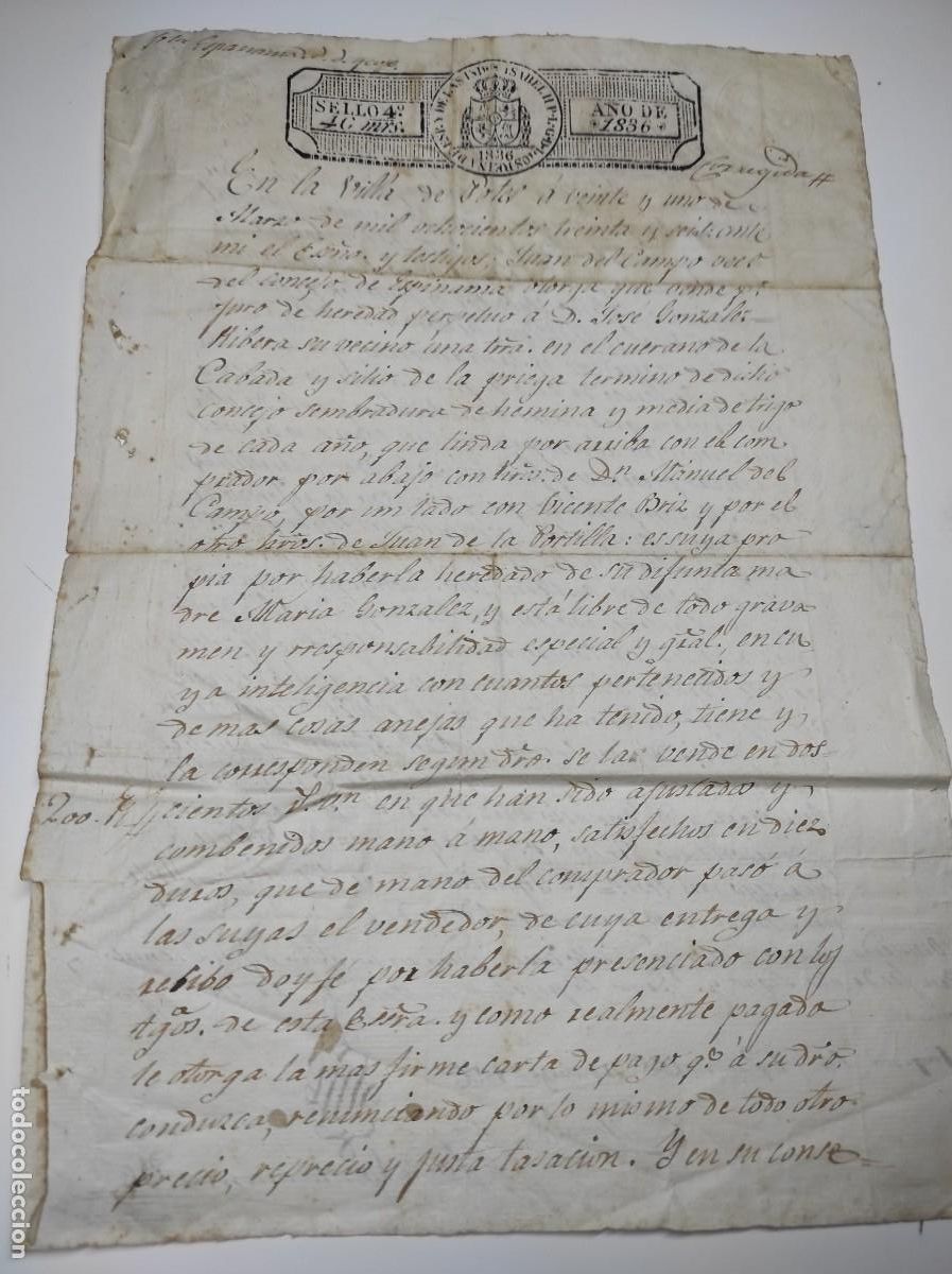 Manoscritti antichi: POTES (CANTABRIA) A&Ntilde;O 1836 - COMPRA VENTAS - SELLO 4&ordm; 40 MARAVED&Iacute;S