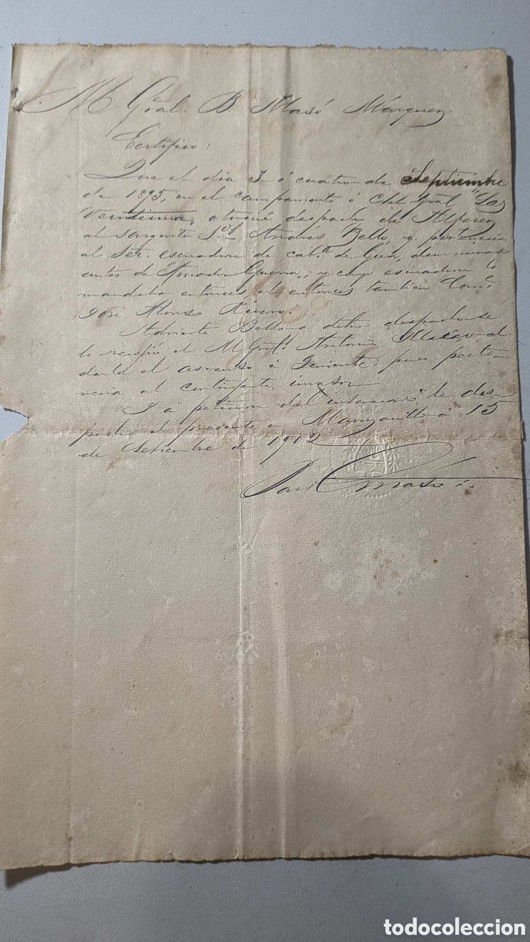 Manuscritos antiguos: Cuba, guerra de cuba,carta certifico del mayor general Bartolom&eacute; Mas&oacute;,a&ntilde;o 1902.