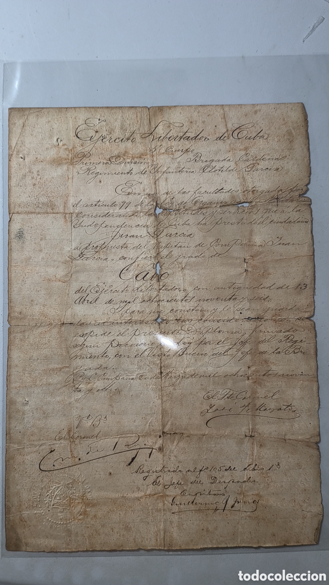 Manuscritos antiguos: Cuba, guerra de cuba,raro ascenso de la brigada de C&aacute;rdenas,firmado coronel Carlos de Rojas ,1898.