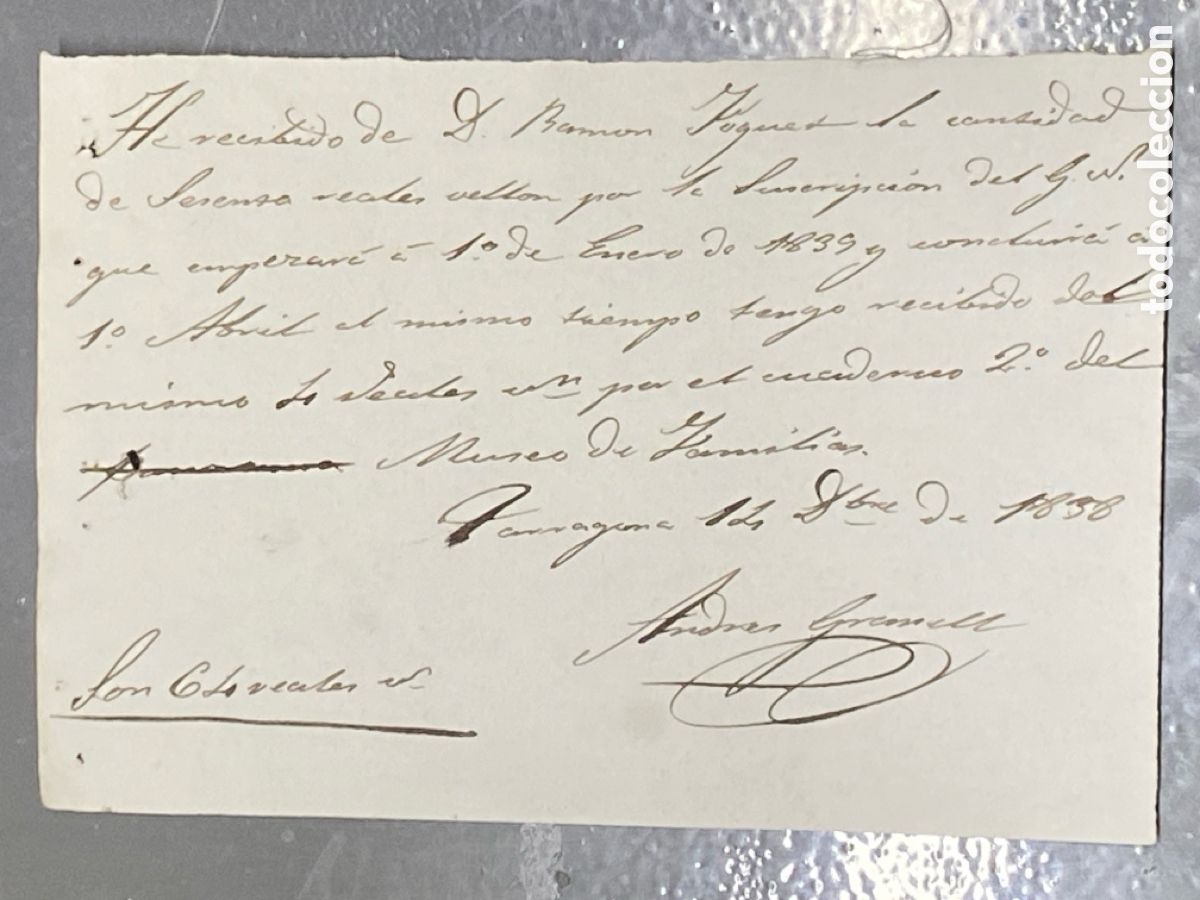 Manuscritos antiguos: Documento manuscritos Tarragona 1838 siglo XIX Recibo Guardia Nacional y Museo Familias 64 reales vn