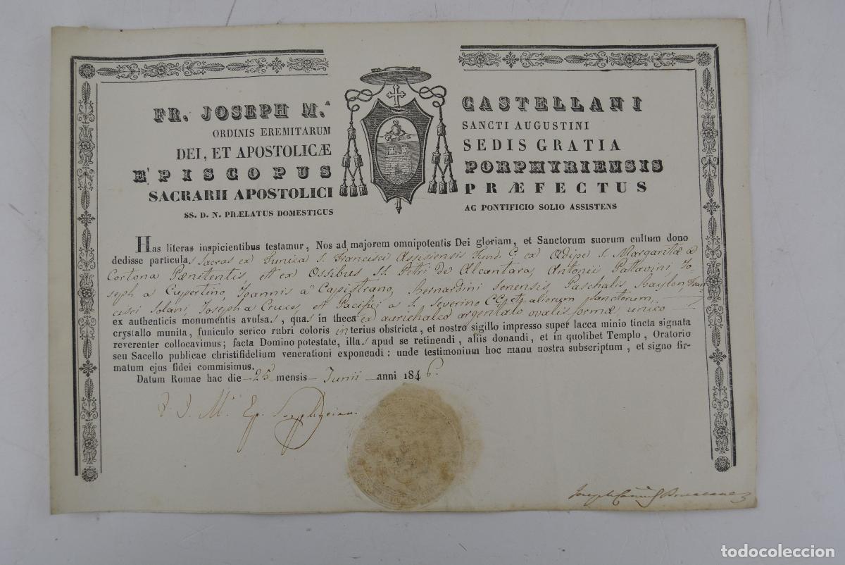 Manuscritos antiguos: Documento de autenticidad de reliquias fechado en 1846.