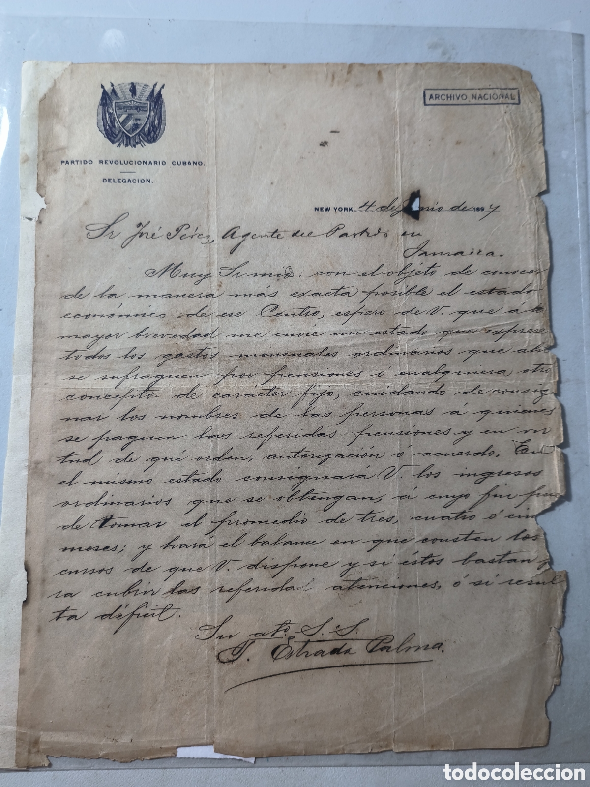 Manuscritos antiguos: Cuba, guerra de cuba, solicitud del delegado del P.R.C. Tom&aacute;s Estrada Palma,a&ntilde;o 1897