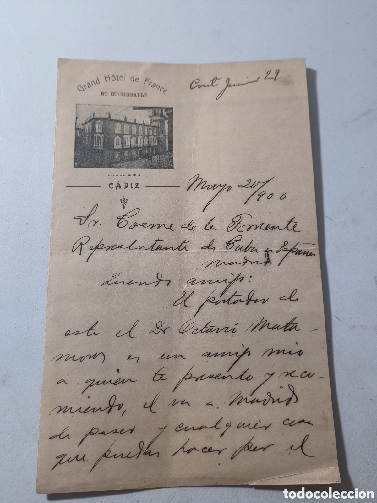 Manuscritos antiguos: Cuba,carta personal del patriota Fausto Garc&iacute;a Menocal a su amigo Cosme de la torriente,a&ntilde;o 1906.