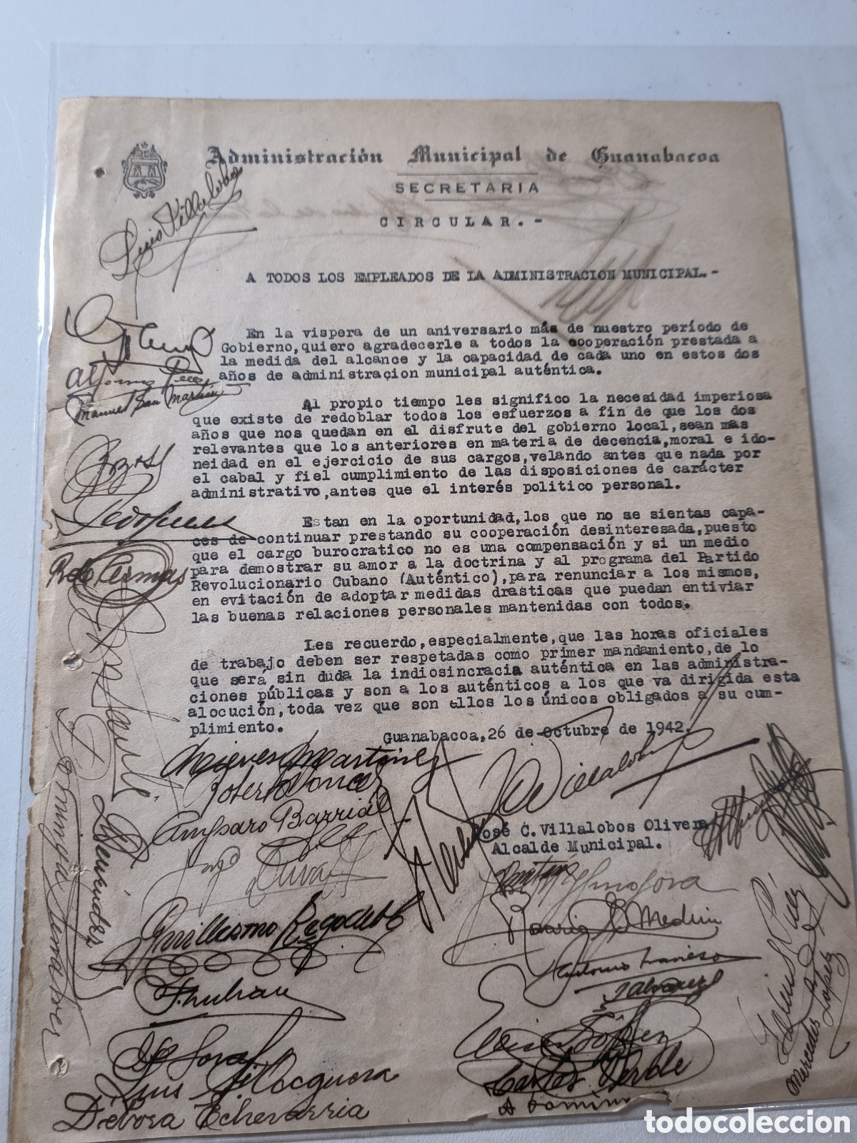 Manuscritos antiguos: Cuba,circular del partido revolucionario cubano aut&eacute;ntico,a&ntilde;o 1942