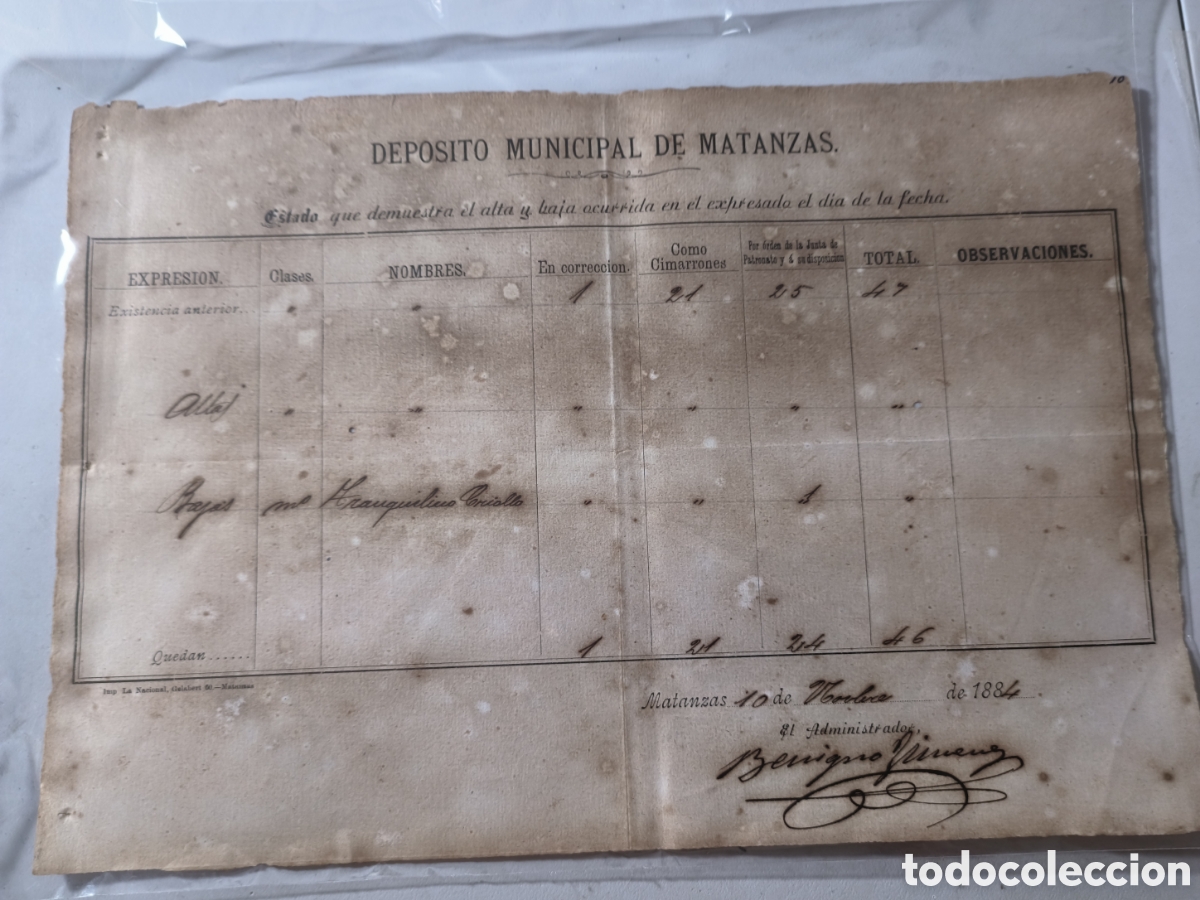 Manuscritos antiguos: Cuba espa&ntilde;ola,estado del dep&oacute;sito municipal de cimarrones de Matanzas,a&ntilde;o 1884.