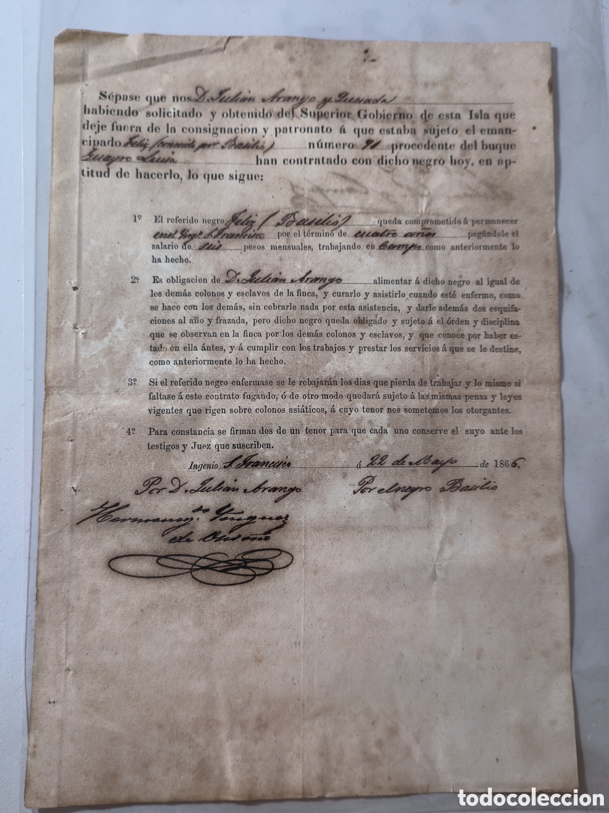 Manuscritos antiguos: Cuba espa&ntilde;ola,contrato de trabajo de negro emancipado,a&ntilde;o 1866.