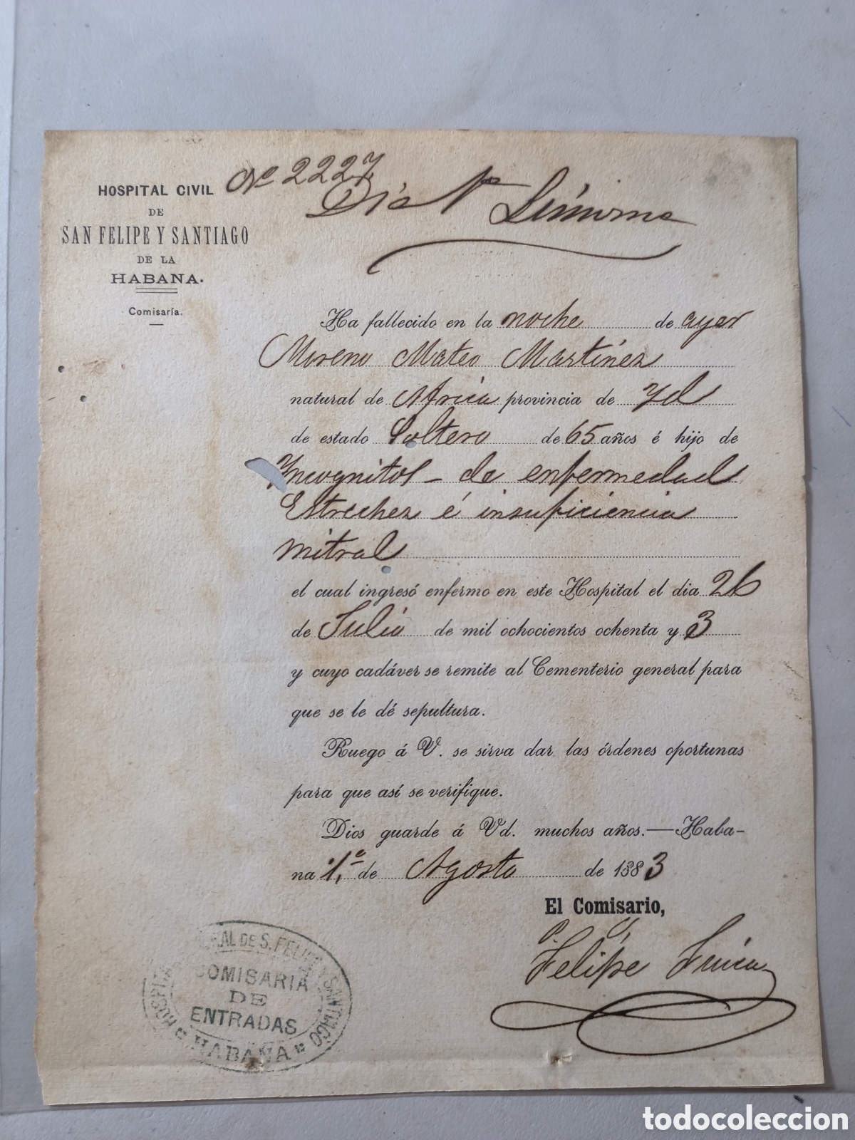 Manuscritos antiguos: Cuba espa&ntilde;ola,acta de fallecimiento de negro esclavo,a&ntilde;o 1883.