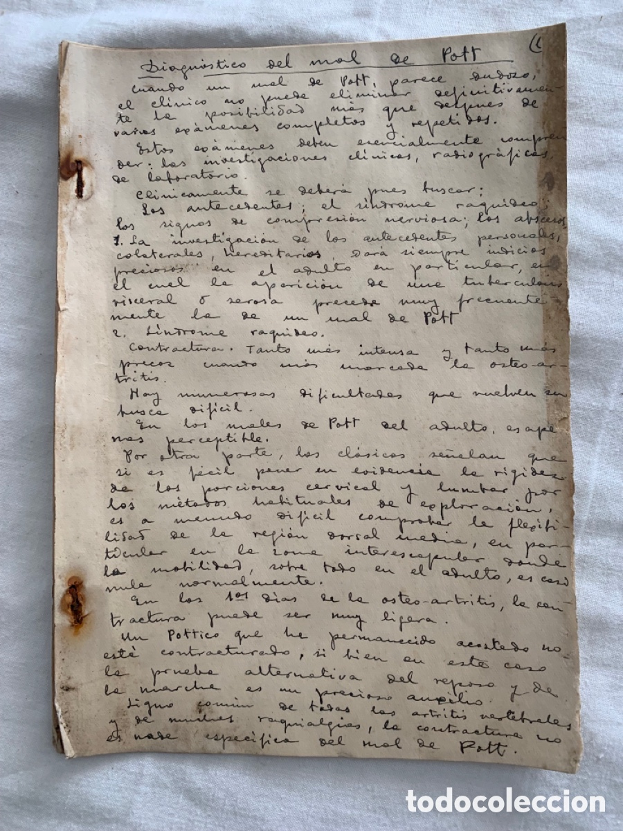 Manuscritos antiguos: Colecci&oacute;n 8 hojas manuscritas medicas Antiguas numeradas de 1 a 8