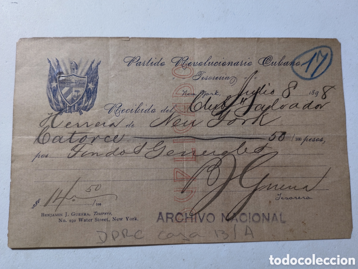 Manuscritos antiguos: Cuba, guerra de cuba,recibo contribuci&oacute;n al P.R.C.,a&ntilde;o 1898.