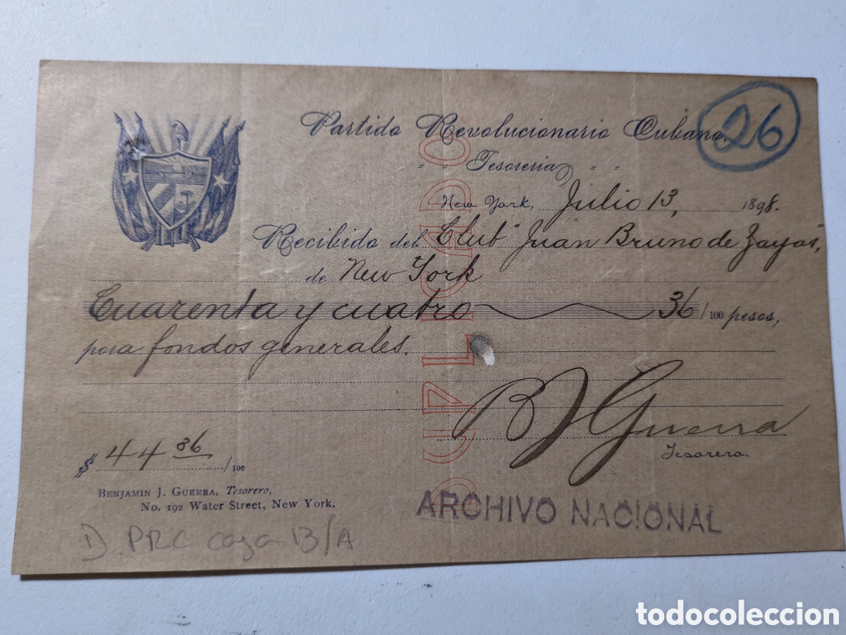 Manuscritos antiguos: Cuba, guerra de cuba,recibo de contribuci&oacute;n al P.R.C.a&ntilde;o 1898.