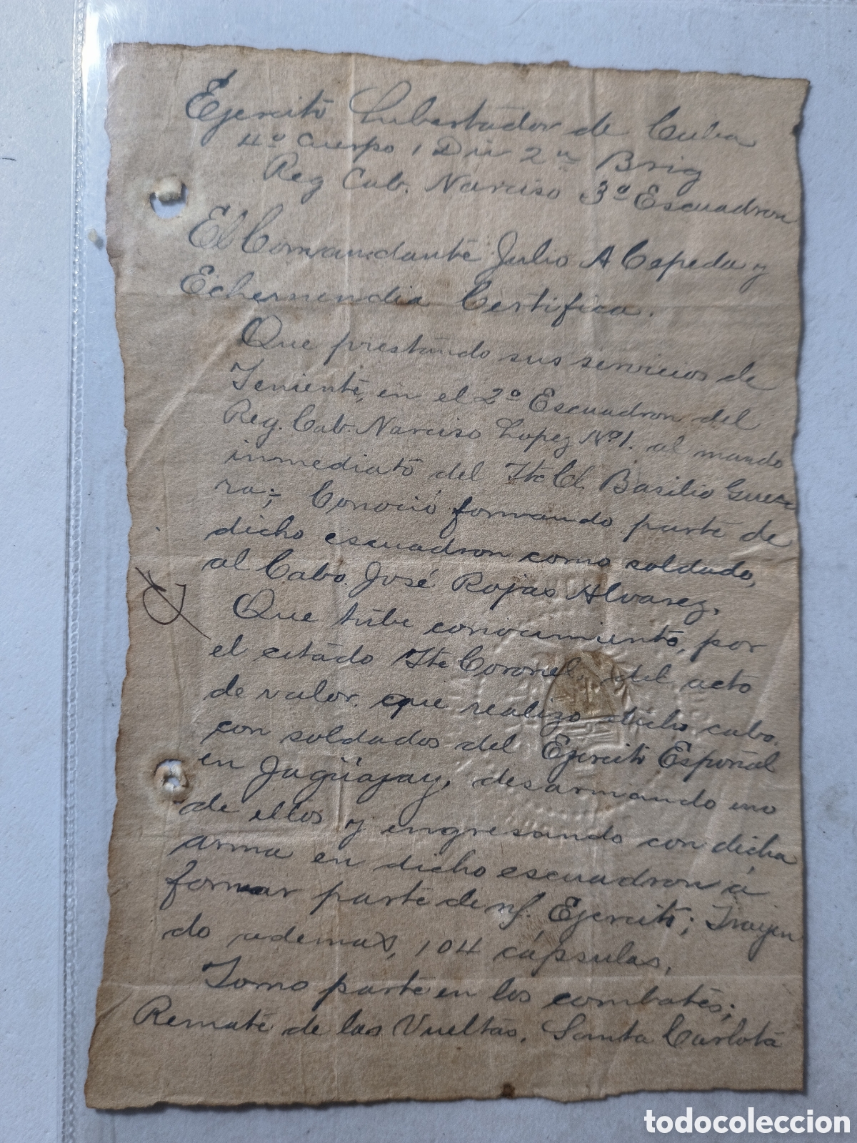 Manuscritos antiguos: Cuba, guerra de cuba,Hago constar escrito por el comandante Julio A.Cepeda,a&ntilde;o 1898.