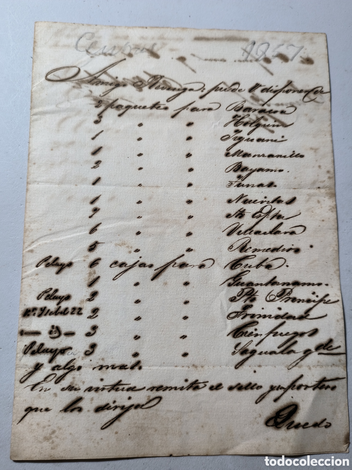 Manuscritos antiguos: Cuba espa&ntilde;ola,listado de env&iacute;os para ciudades del interior ,a&ntilde;o 1857