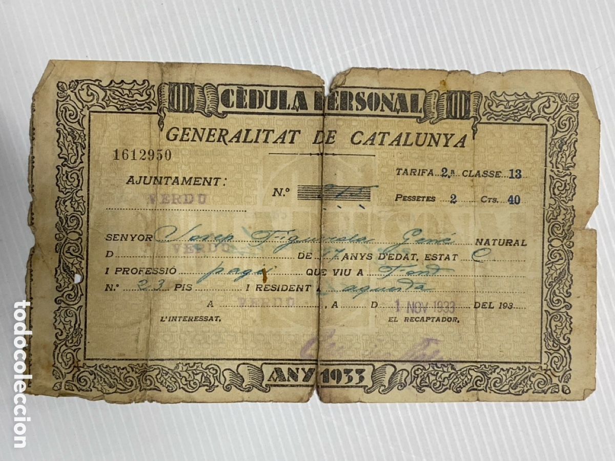 Manuscritos antiguos: C&eacute;dula Personal Generalitat de Catalunya Ayuntamiento Verd&uacute; 1933 doble cara