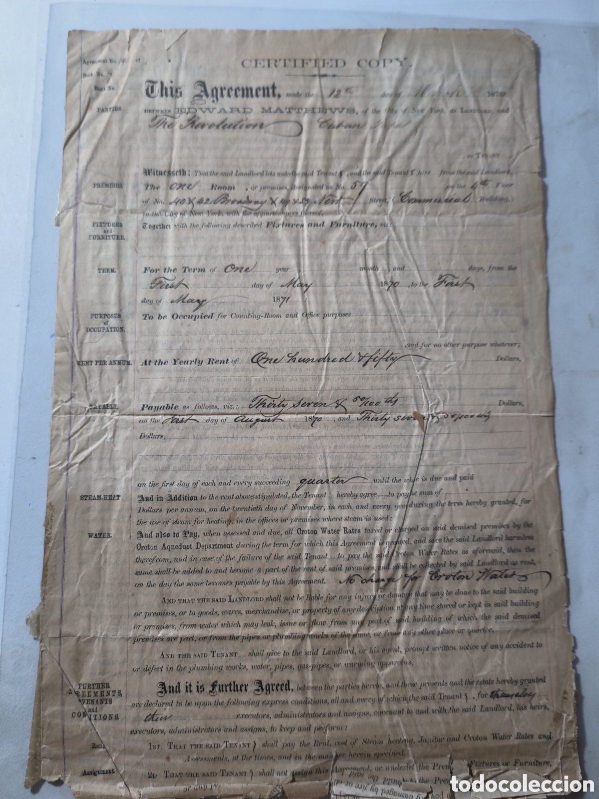 Manuscritos antiguos: Cuba,guerra de los 10 a&ntilde;os ,contrato local peri&oacute;dico Revoluci&oacute;n,a&ntilde;o 1871