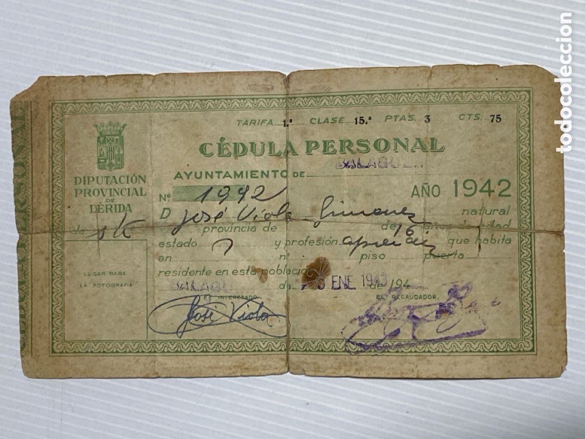 Manuscritos antiguos: C&eacute;dula Personal Ayuntamiento de Balaguer Enero 1943 / 44