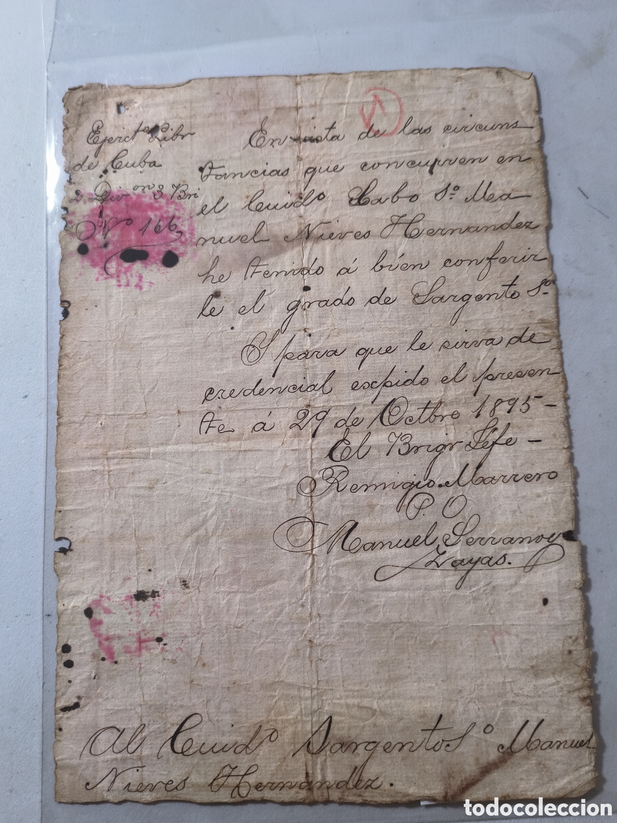 Manuscritos antiguos: Cuba, guerra de cuba,ascenso a sargento de primera ,A&ntilde;o 1895