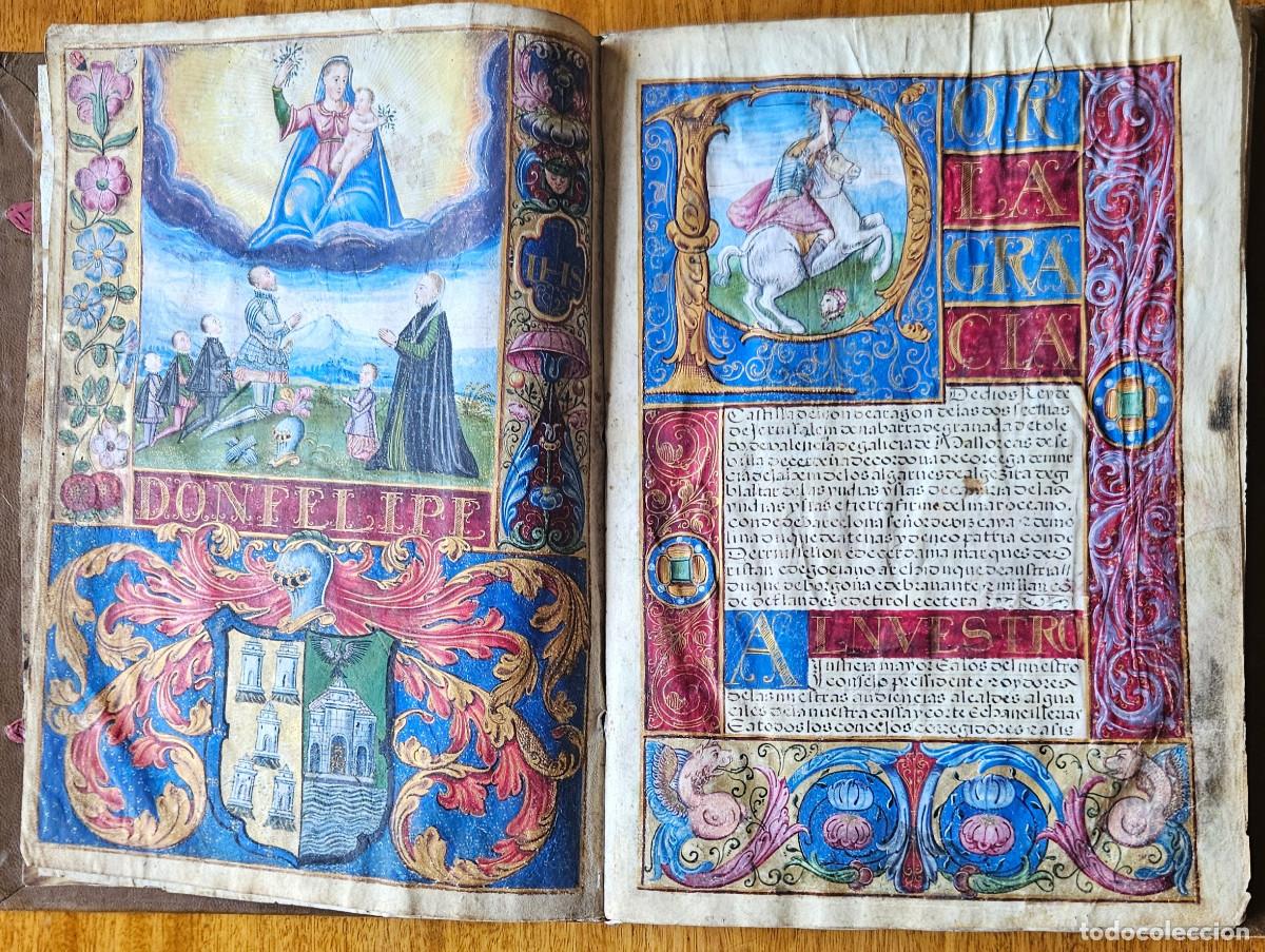 Manuscritos antigos: EJECUTORIA SIGLO XVI - 1577 . MINIADA Y ENCUADERNACION DE CUERO GOFRADO DE EPOCA .