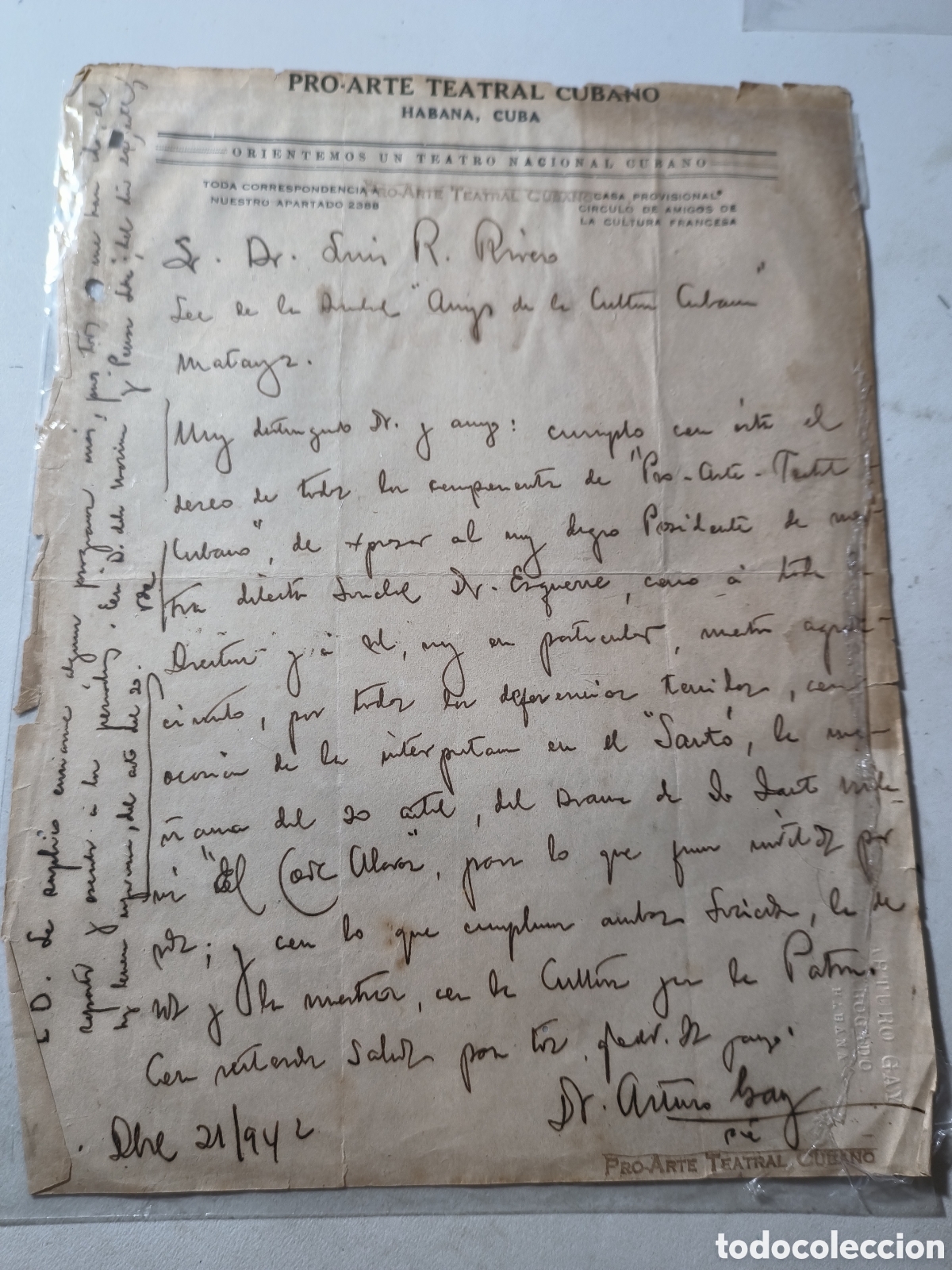 Manuscritos antiguos: Cuba,carta del escritor Enrique Gay Carb&oacute;,a&ntilde;o 1942