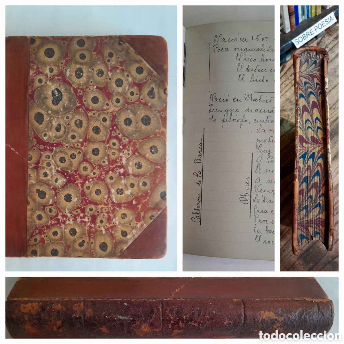 Manuscritos antiguos: Cuaderno manuscrito de apuntes de literatura. Encuadernado en medio cuero con cantos pintados.