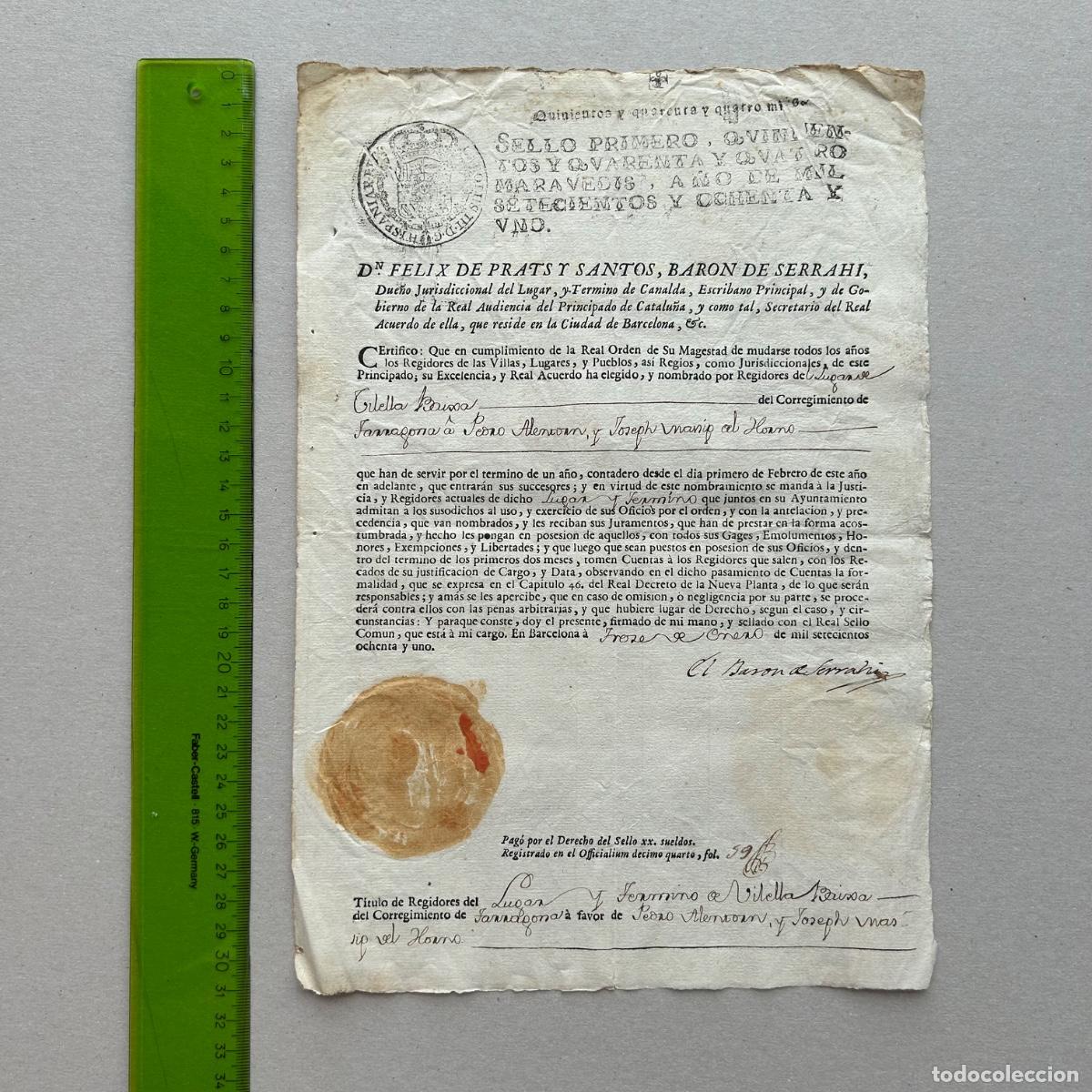 Manuscritos antiguos: T&iacute;tulo nombramiento regidor Vilella Baixa &ndash; A&ntilde;o 1781 &ndash; Falset &ndash; Pedro Alentorn i Josep Masip