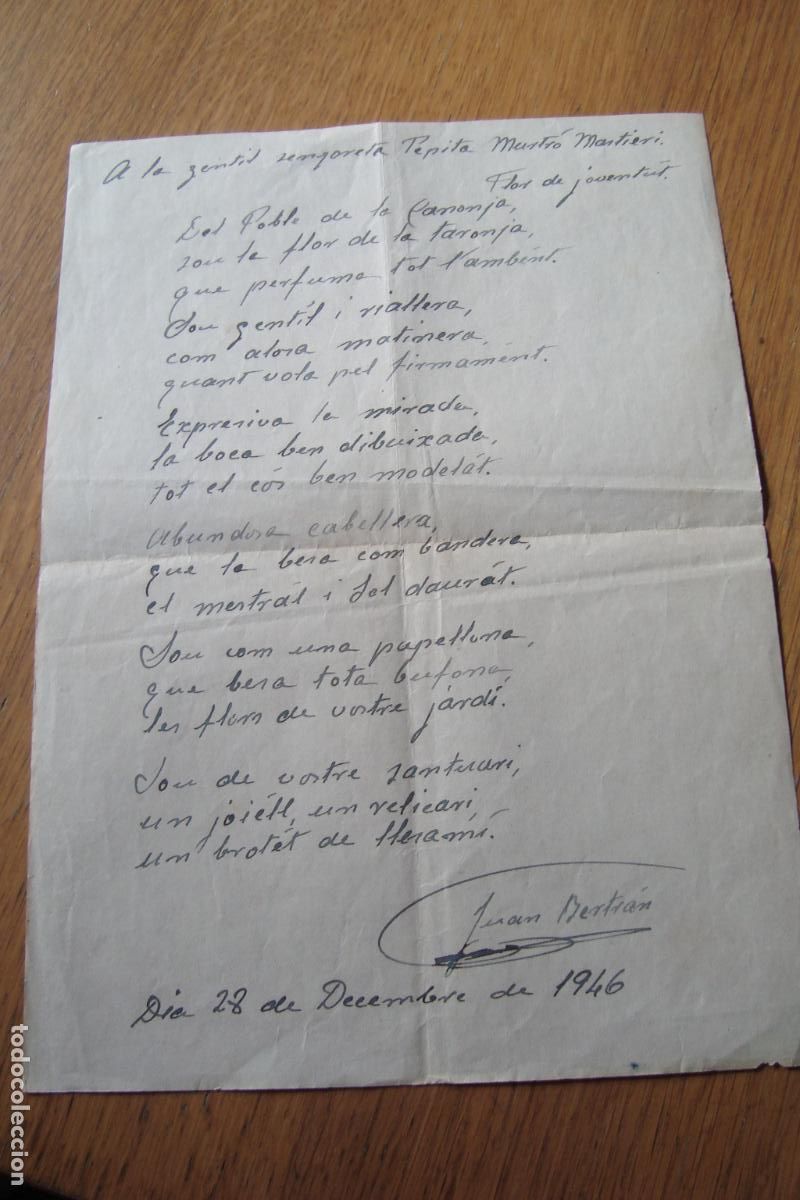 Manuscritos antiguos: ANTIGUO POEMA MANUSCRITO JUAN BERTRAN 1946. CANONJA. MURTRO MASTIERI.