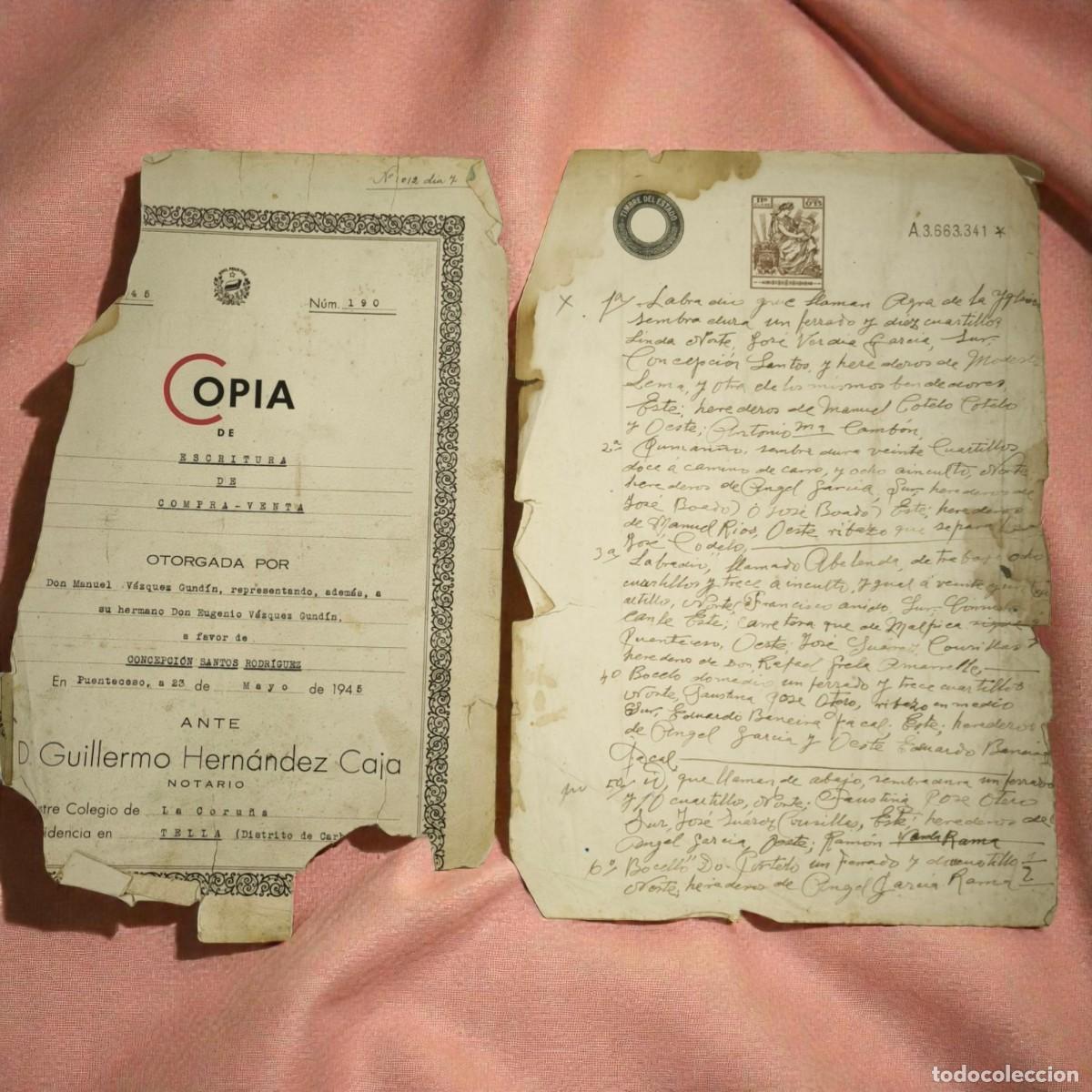 Manuscritos antiguos: Copia De Escritura De Compra-Venta 1945 &ndash; Documento Notarial Guillermo Hern&aacute;ndez Caja