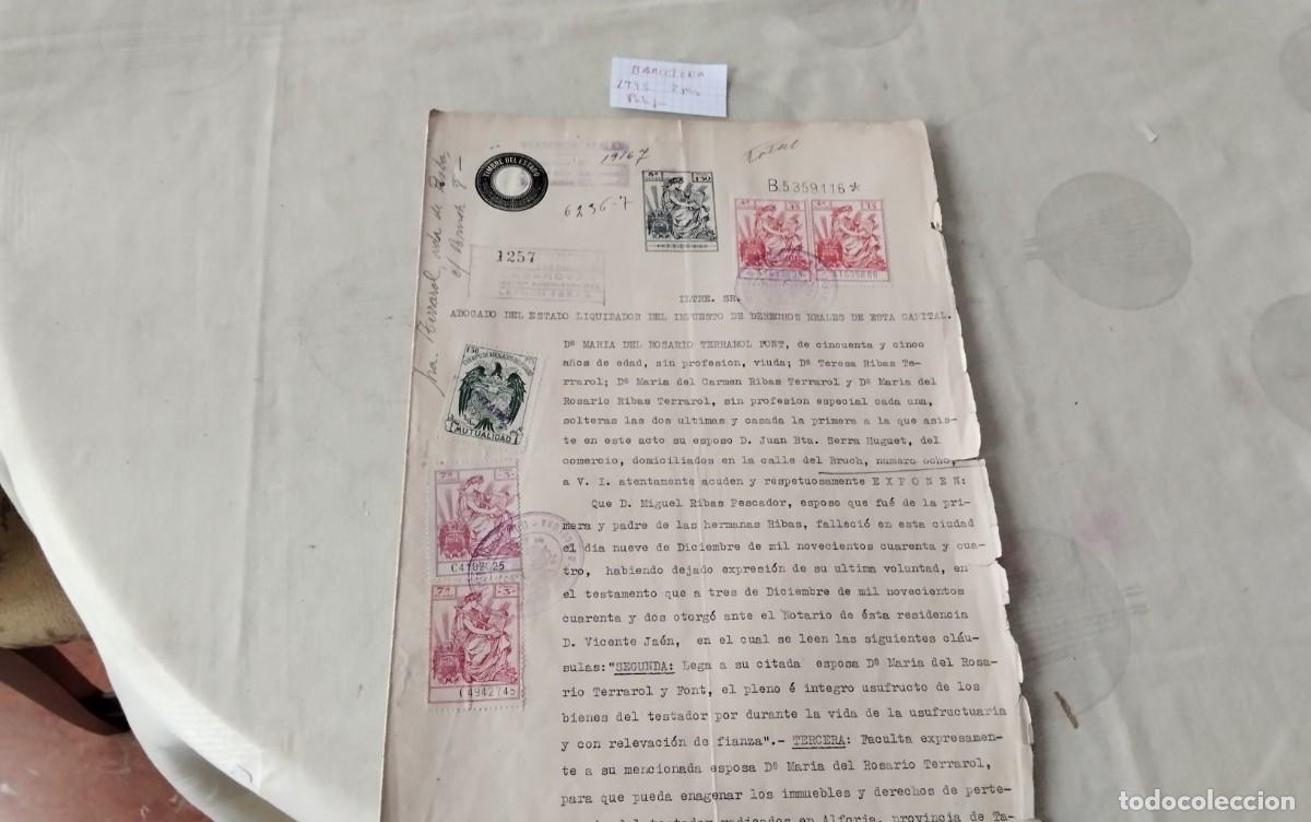 Manuscritos antiguos: BARCELONA DOCUMENTO CON TIMBROLOGIA A&Ntilde;O 1945, 2 PAG , MUCHAS POLIZAS