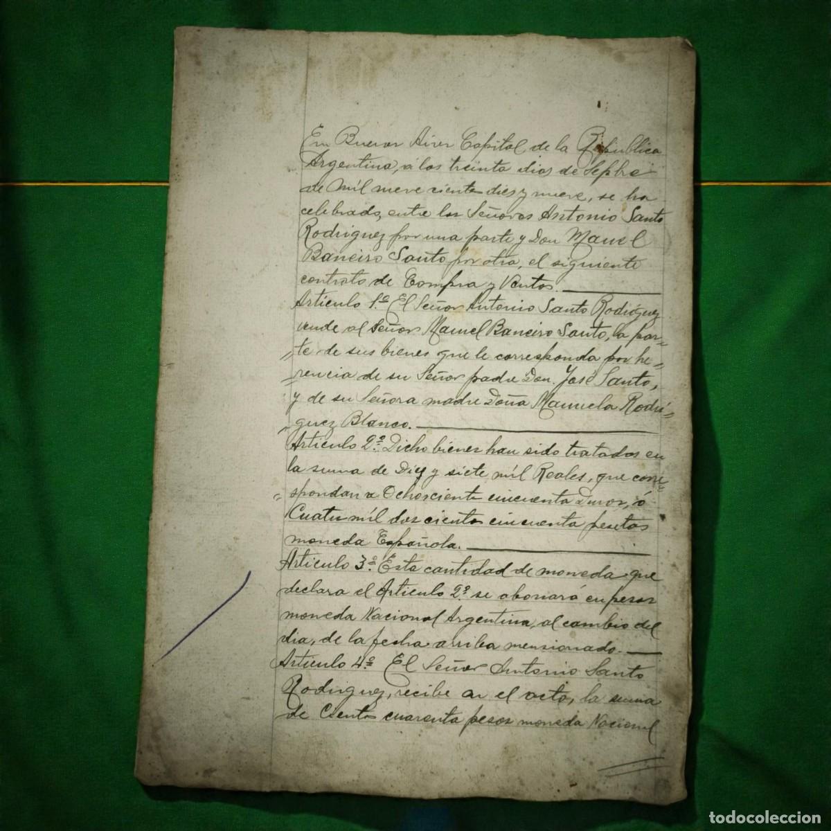 Manuscritos antiguos: Antiguo Documento Manuscrito A&ntilde;o 1919 Buenos Aires &ndash; Contrato De Compra Venta Hist&oacute;rico