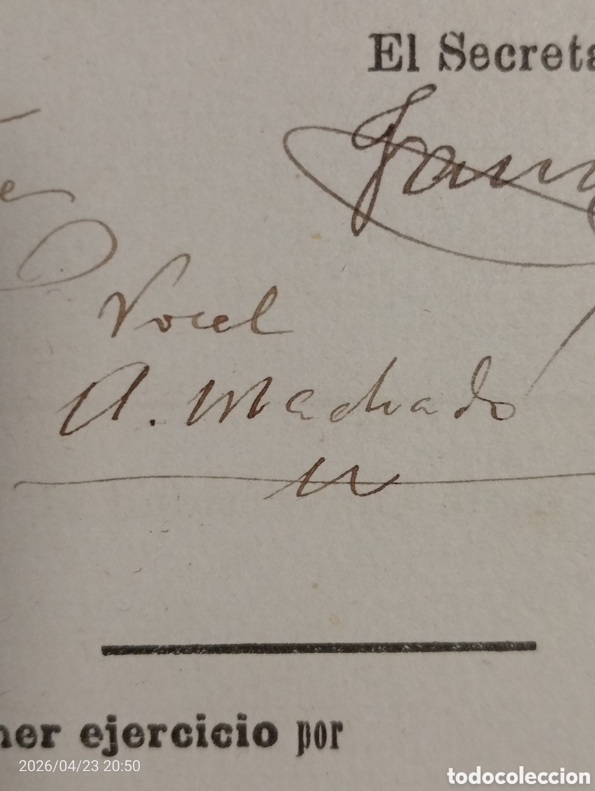 Alte Manuskripte: Antonio Machado firma vocal bolet&iacute;n de notas Baeza