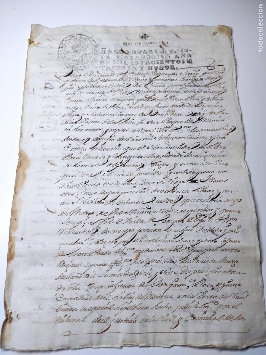 Manuscritos antiguos: A&Ntilde;O 1739 - DOCUMENTO CON 2 SELLOS 4&ordm; DE 20 MARAVED&Iacute;S - NOTARIO DIEGO MARAVALL X&Aacute;TIVA