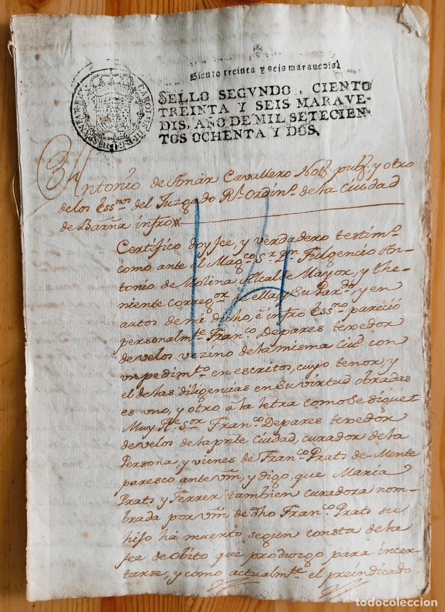 Manuscritos antiguos: BARCELONA A&Ntilde;O 1782 - DOCUMENTO CON UN SELLO 2&ordm; DE 136 MARAVED&Iacute;S - CERTIFICADO
