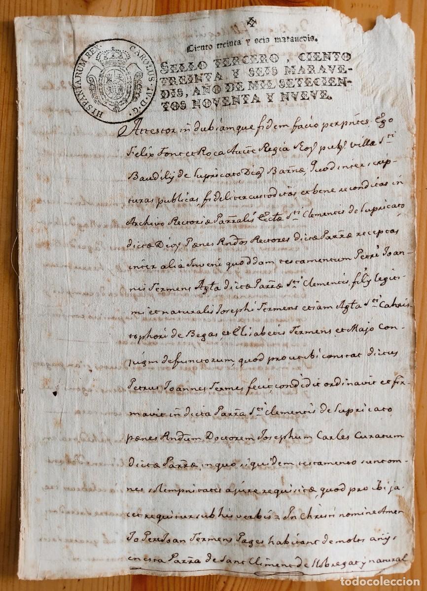 Manuscritos antiguos: BARCELONA A&Ntilde;O 1799 - DOCUMENTO CON UN SELLO 3&ordm; DE 136 MARAVED&Iacute;S - EN LAT&Iacute;N