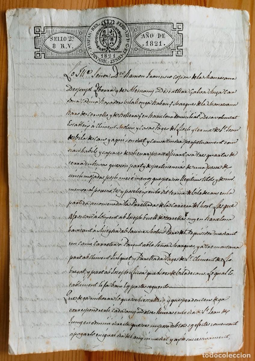 Manuscritos antiguos: BARCELONA A&Ntilde;O 1821 - DOCUMENTO CON UN SELLO 2&ordm; DE 8 REALES VELL&Oacute;N REINADO FERNANDO VII