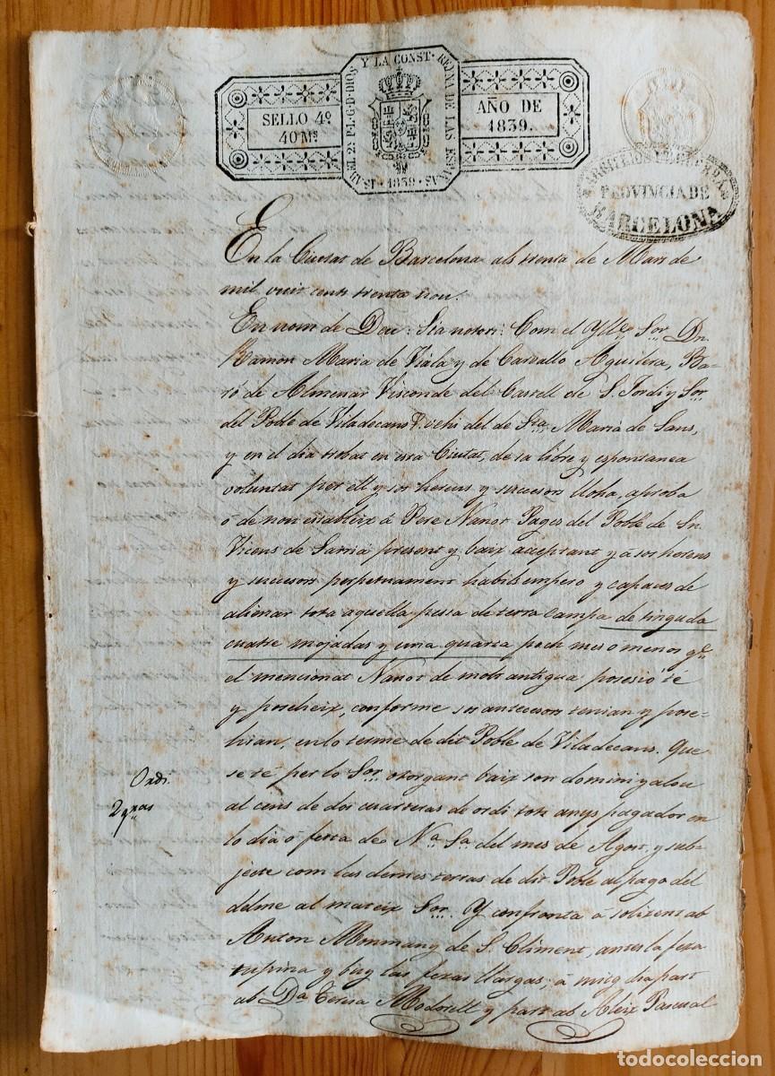 Manuscritos antiguos: BARCELONA A&Ntilde;O 1839 -2 SELLO 4&ordm; DE 40 MARAVED&Iacute;S REINADO ISABEL II CU&Ntilde;OS ARBRITIOS DE GUERRA BARCELONA