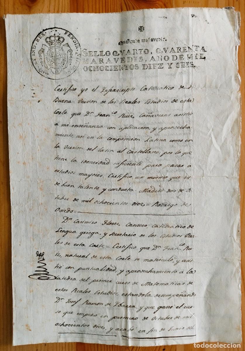 Manuscritos antiguos: MADRID A&Ntilde;O 1816 -2 SELLOS 4&ordm; DE 40 MARAVED&Iacute;S FERNANDO VII - CERTIFICADO ESTUDIOS REALES