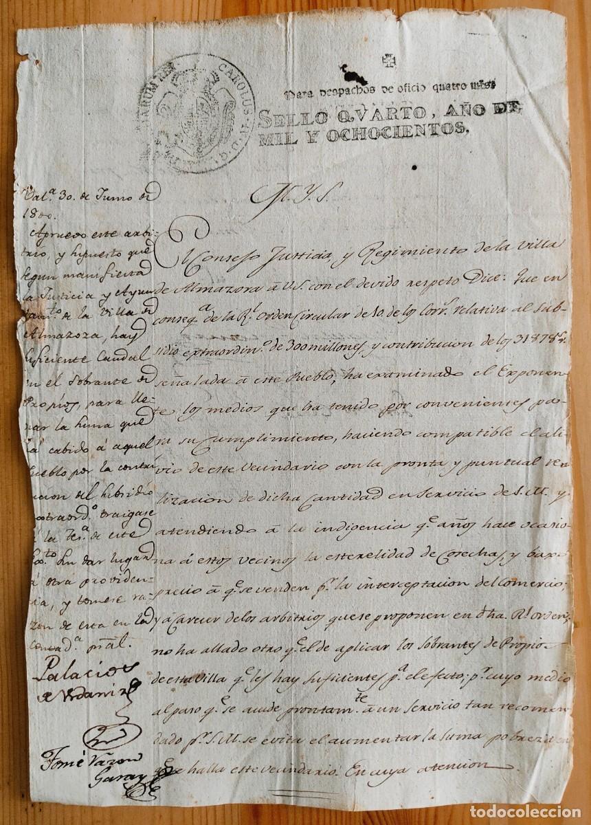 Manuscritos antiguos: ALMAZORA (CASTELL&Oacute;N) A&Ntilde;O 1800 - UN SELLO 4&ordm; PARA DESPACHO OFICIOS CARLOS IV - MUY INTERESANTE, VER
