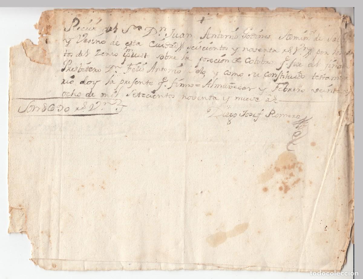 Manuscritos antiguos: 1795 99 ALMU&Ntilde;ERCAR 5 RECIBOS JUAN ANTONIO GODINES ADMINITRADOR SALINAS PRESBITERO FELIS ANTONIO VELO