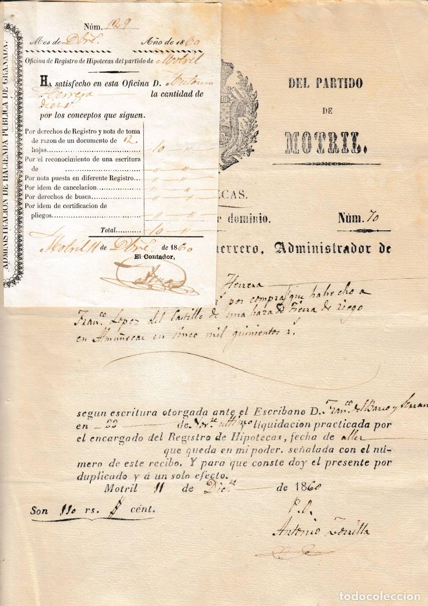 Manuscritos antiguos: 1860 ADMINISTRACION RENTAS MOTRIL COMPRA TIERRAS ALMU&Ntilde;ECAR ANTONIO HERRERA A FCO LOPEZ DEL CASTILLO