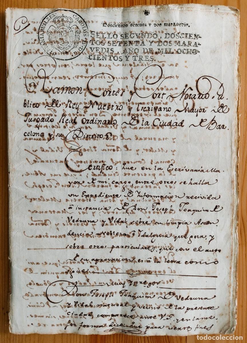 Manuscritos antiguos: BARCELONA 1803 SELLO 2&ordm; 272 MARAVED&Iacute;S + SELLO SECO PEGADO - CERTIFICADO HIDALGU&Iacute;A Y LIMPIEZA SANGRE