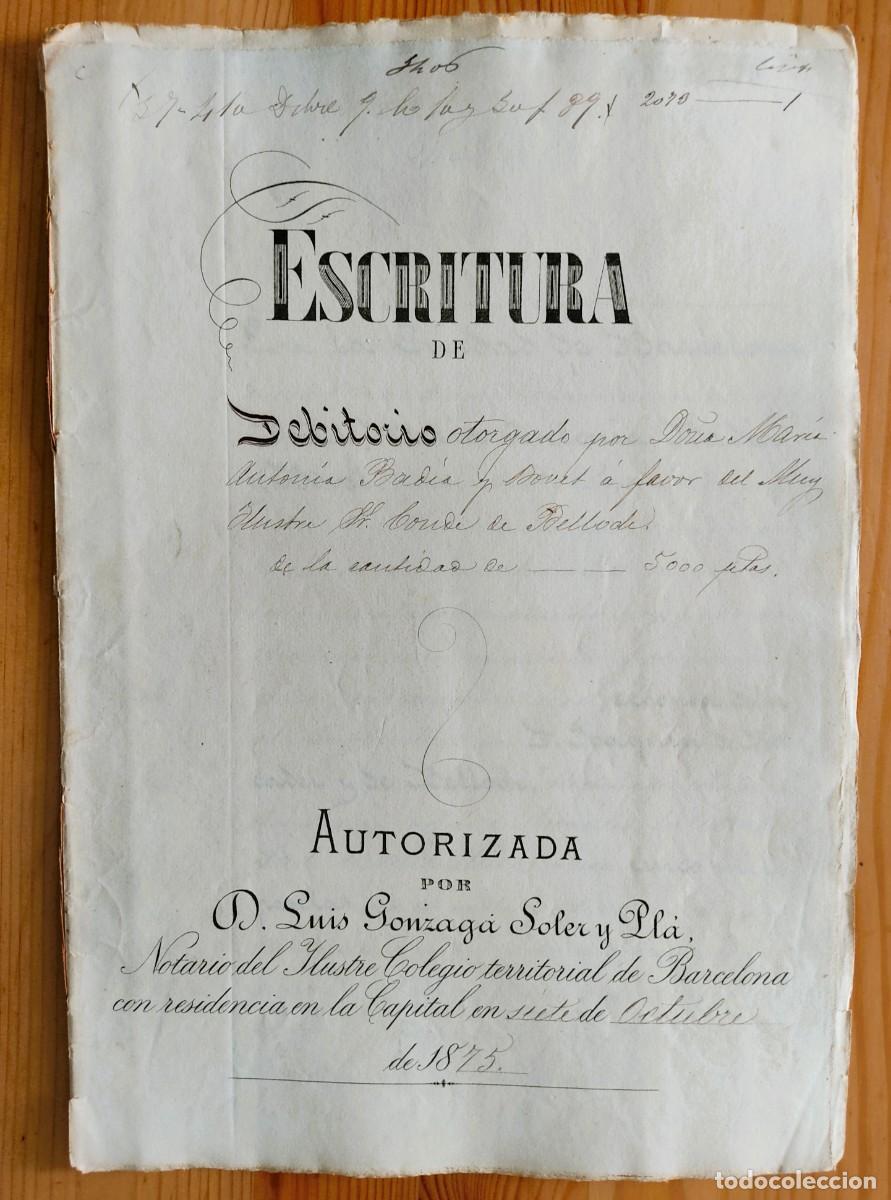 Manuscritos antiguos: BARCELONA A&Ntilde;O 1875 - SELLO 4&ordm; 15 PESETAS Y 4 SELLO 11 50 CENT - DEBITORIO A FAVOR CONDE DE BELLOCH