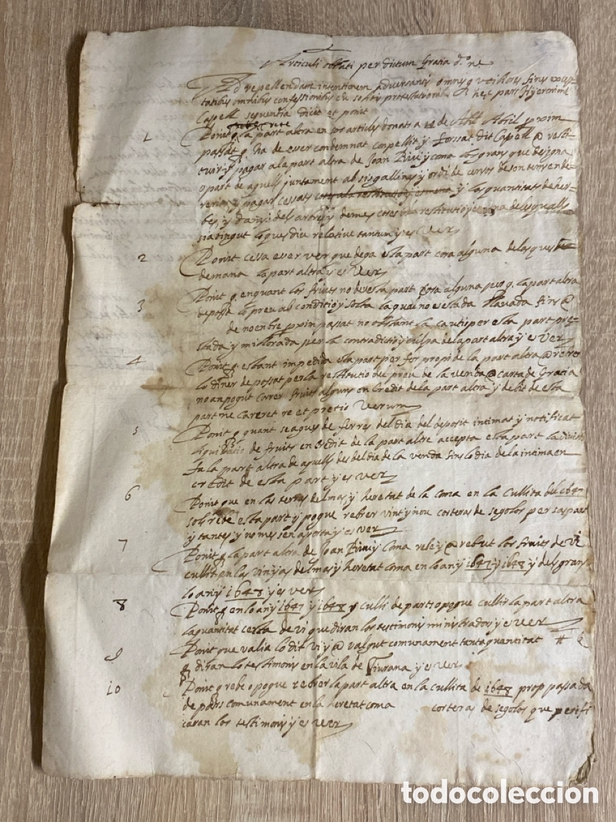 Manuscritos antiguos: Documento manuscrito 1679 siglo XVII Tiurana Capell Rius sobre pagos cosecha, vino con 18 puntos