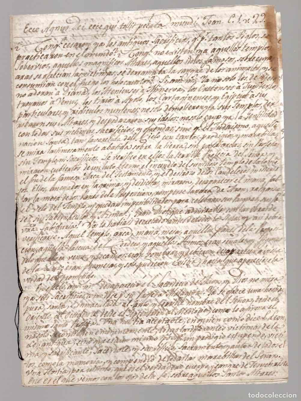 Manuscritos antiguos: SERMON RELIGIOSO MANUSCRITO DADO POR AMBROSIO MARIA ALVAREZ, EUCARISTIA. SIGLO XVIII
