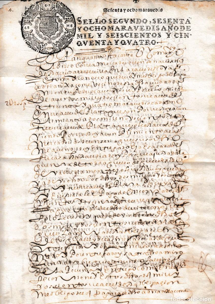Manuscritos antiguos: 1654 SEVILLA SELLO FISCAL 2&ordm; 68 MRS DEUDA DE ALONSO CORREA VENDEDOR DE LENCERIA A ADRIAN JACOME