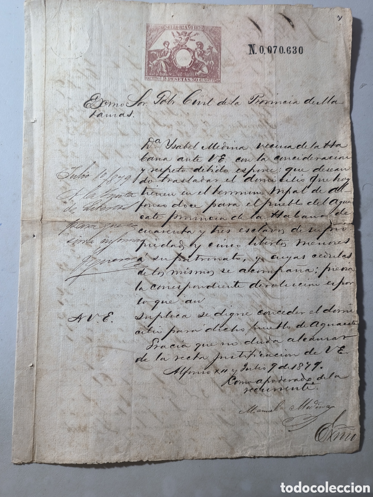 Manuscritos antiguos: Cuba espa&ntilde;ola, espectacular expediente traslado de esclavos del a&ntilde;o 1879.