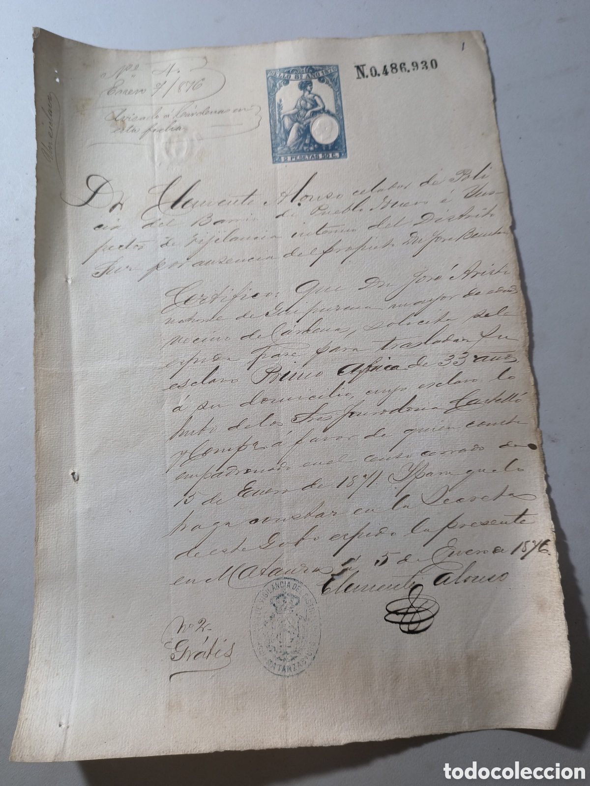 Manuscritos antiguos: Cuba espa&ntilde;ola,permiso de traslado de esclavo dom&eacute;stico,a&ntilde;o 1876.